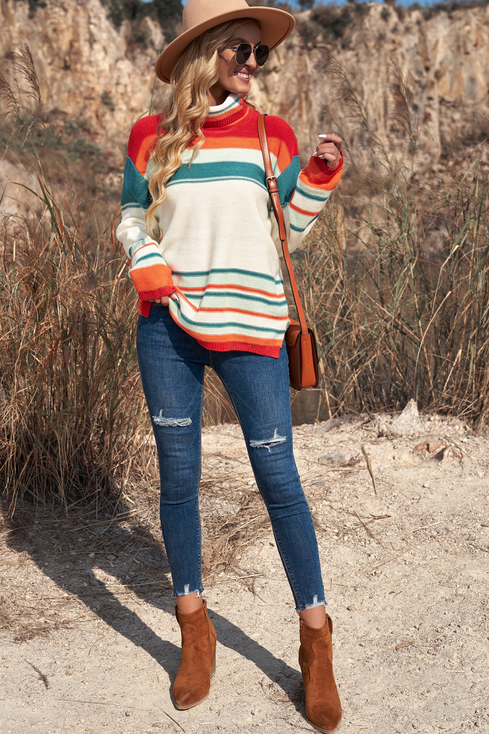 Striped Turtleneck Drop Shoulder Sweater  | KIKI COUTURE-Women's Clothing, Designer Fashions, Shoes, Bags