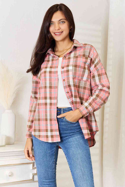 Double Take Plaid Collared Neck Long Sleeve Button-Up Shirt  | KIKI COUTURE