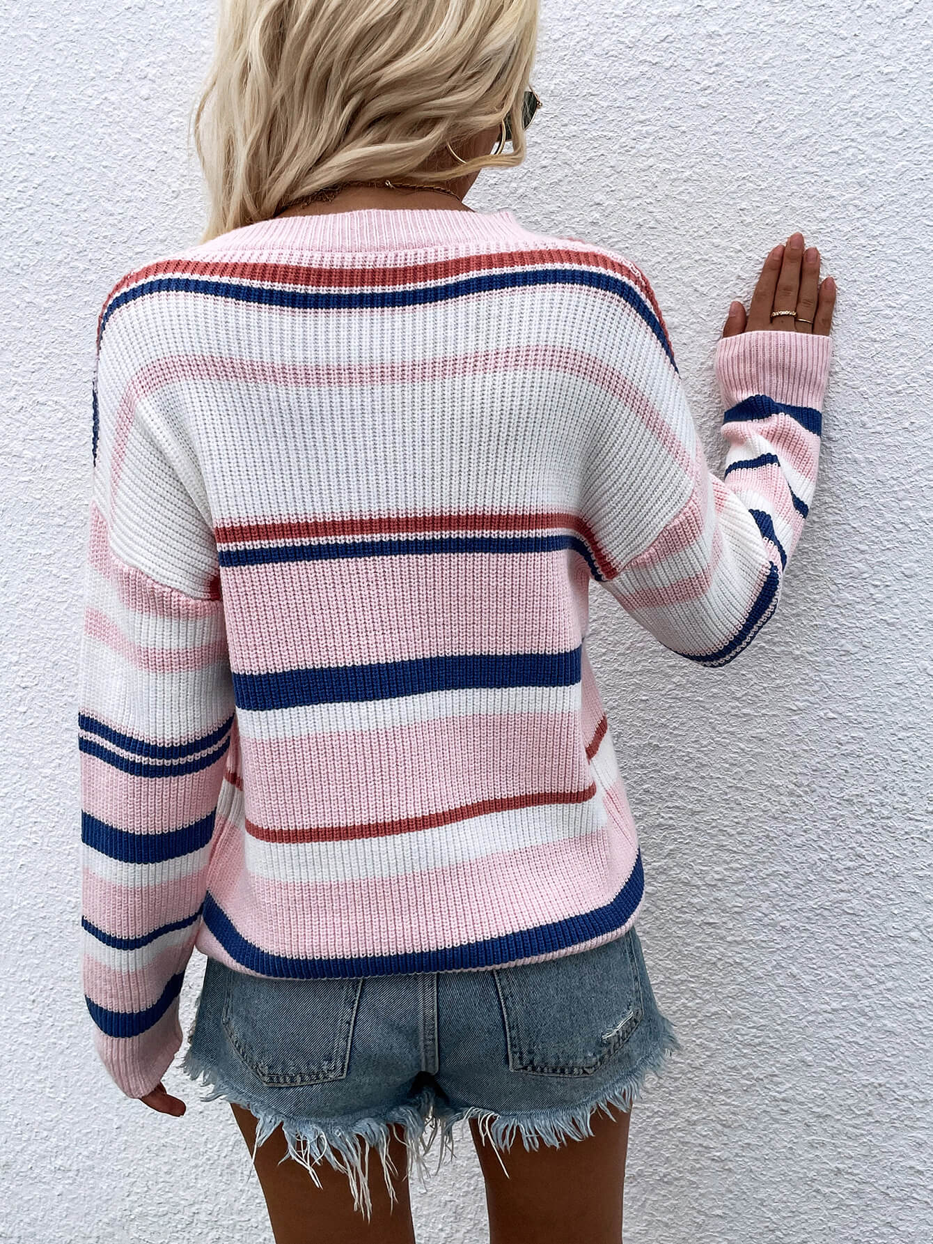 Striped Drop Shoulder Round Neck Pullover Sweater  | KIKI COUTURE-Women's Clothing, Designer Fashions, Shoes, Bags