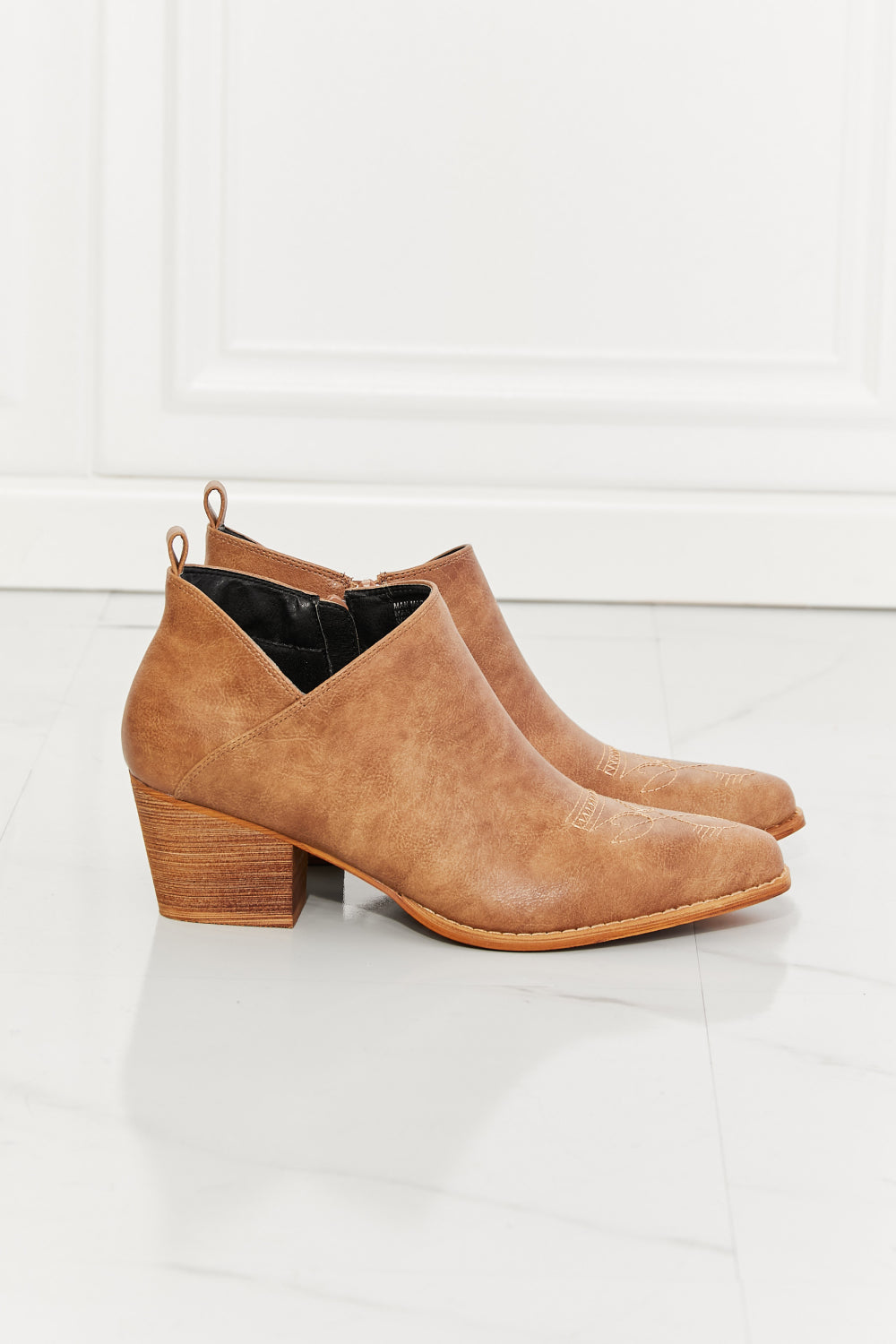 Trust Yourself Embroidered Crossover Cowboy Bootie in Caramel | KIKI COUTURE