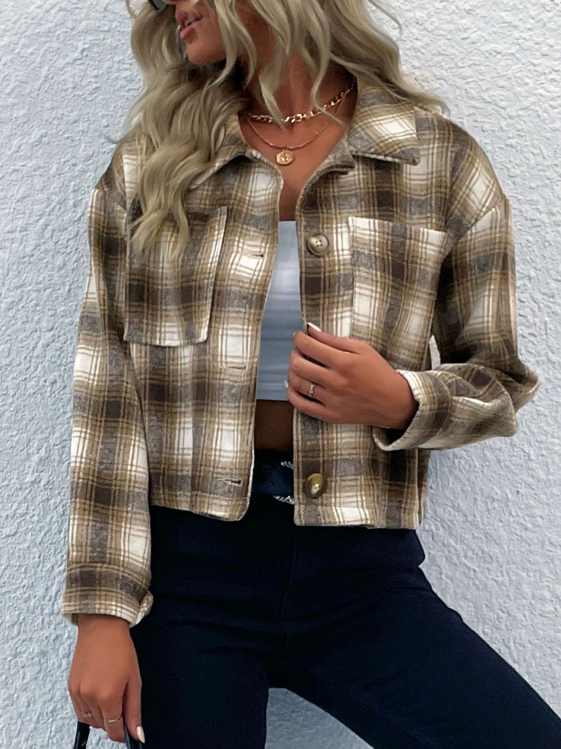 Plaid Button-Up Dropped Shoulder Shacket  | KIKI COUTURE-Women's Clothing, Designer Fashions, Shoes, Bags