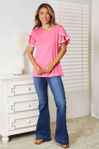 Double Take Pom-Pom Trim Flutter Sleeve Round Neck T-Shirt  | KIKI COUTURE