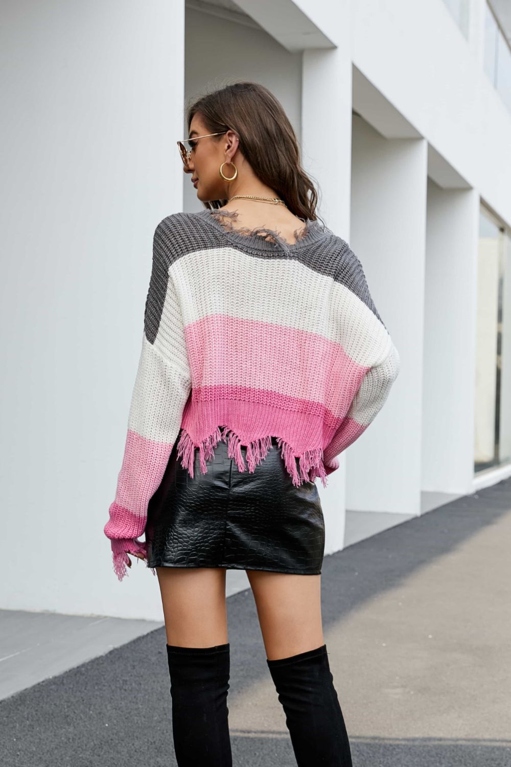 Striped Fringe Trim V-Neck Sweater  | KIKI COUTURE-Women's Clothing, Designer Fashions, Shoes, Bags