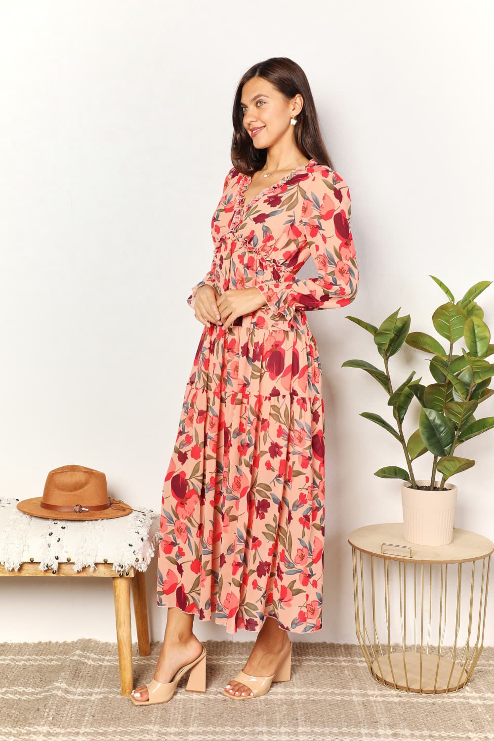 Double Take Floral Frill Trim Flounce Sleeve Plunge Maxi Dress  | KIKI COUTURE