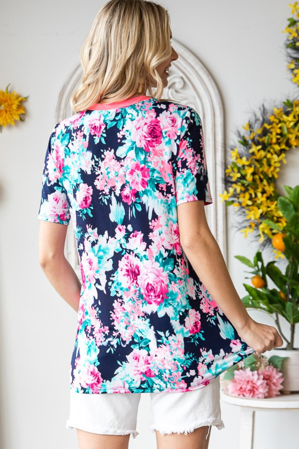Heimish Full Size Floral V-Neck Short Sleeve T-Shirt  | KIKI COUTURE