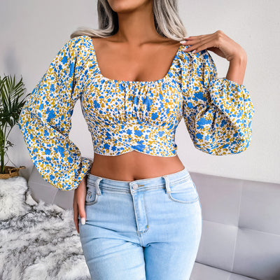 Ditsy Floral Crisscross Cropped Top  | KIKI COUTURE-Women's Clothing, Designer Fashions, Shoes, Bags