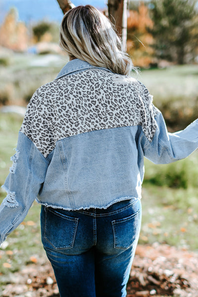 Plus Size Leopard Raw Hem Distressed Spliced Denim Jacket  | KIKI COUTURE-Women's Clothing, Designer Fashions, Shoes, Bags