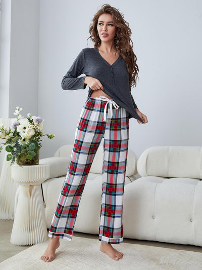 Buttoned Long Sleeve Top and Plaid Pants Lounge Set  | KIKI COUTURE-Women's Clothing, Designer Fashions, Shoes, Bags