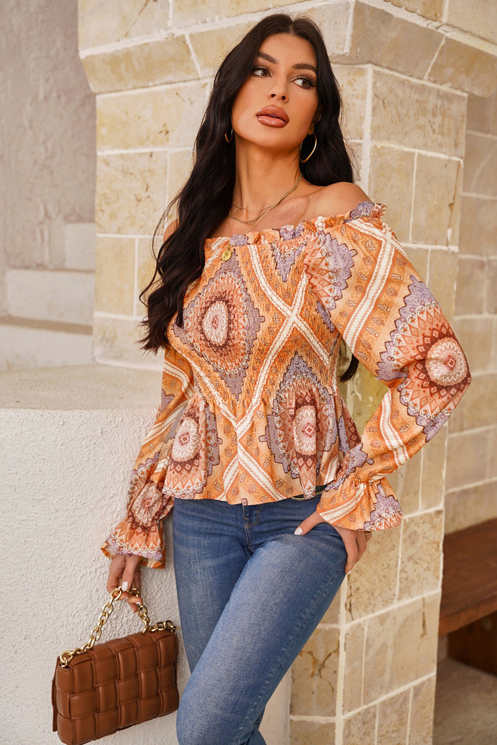 Printed Off-Shoulder Smocked Flounce Sleeve Blouse  | KIKI COUTURE-Women's Clothing, Designer Fashions, Shoes, Bags