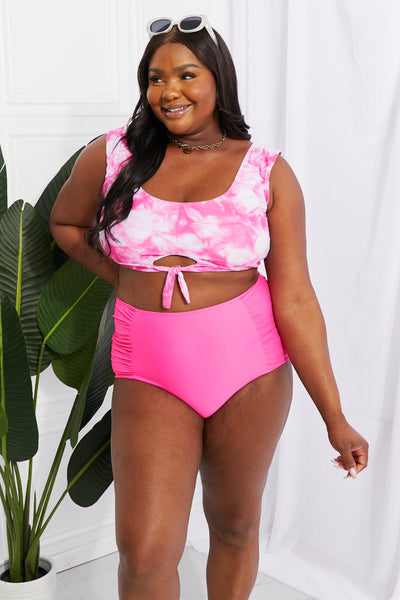 Marina West Swim Sanibel Crop Swim Top and Ruched Bottoms Set in Pink  | KIKI COUTURE