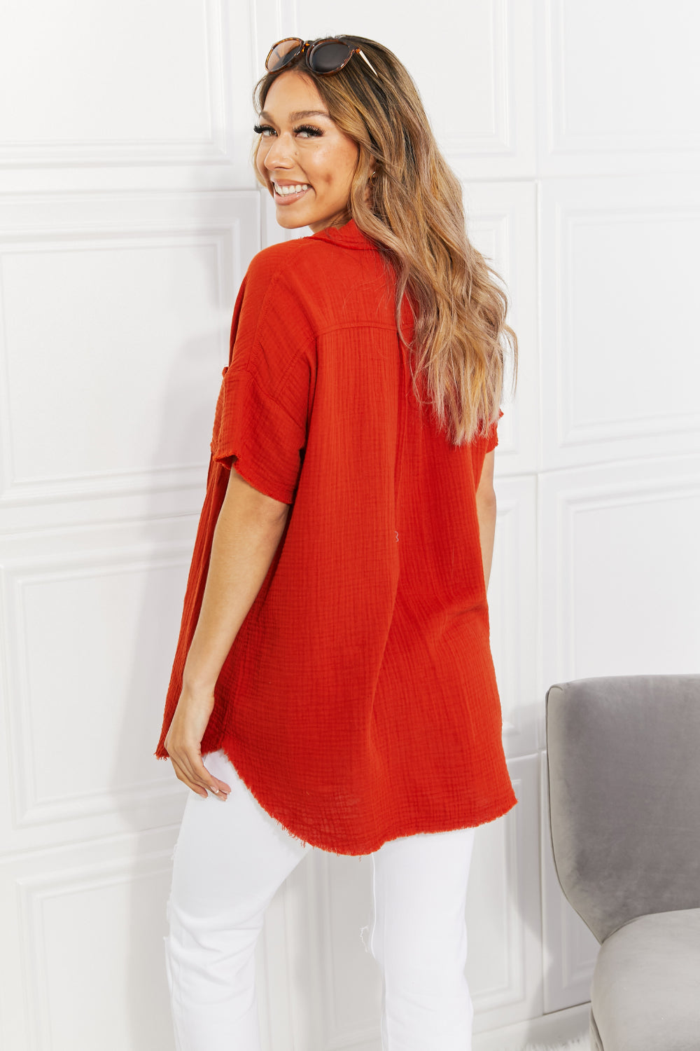 Zenana Full Size Summer Breeze Gauze Short Sleeve Shirt in Copper  | KIKI COUTURE