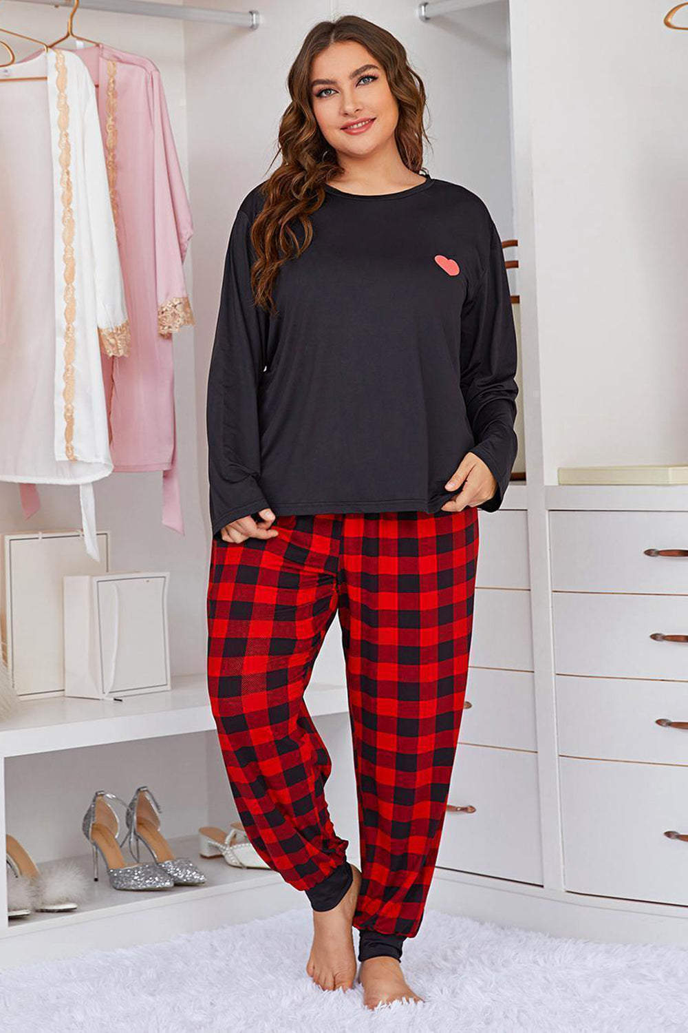 Plus Size Heart Graphic Top and Plaid Joggers Lounge Set  | KIKI COUTURE-Women's Clothing, Designer Fashions, Shoes, Bags