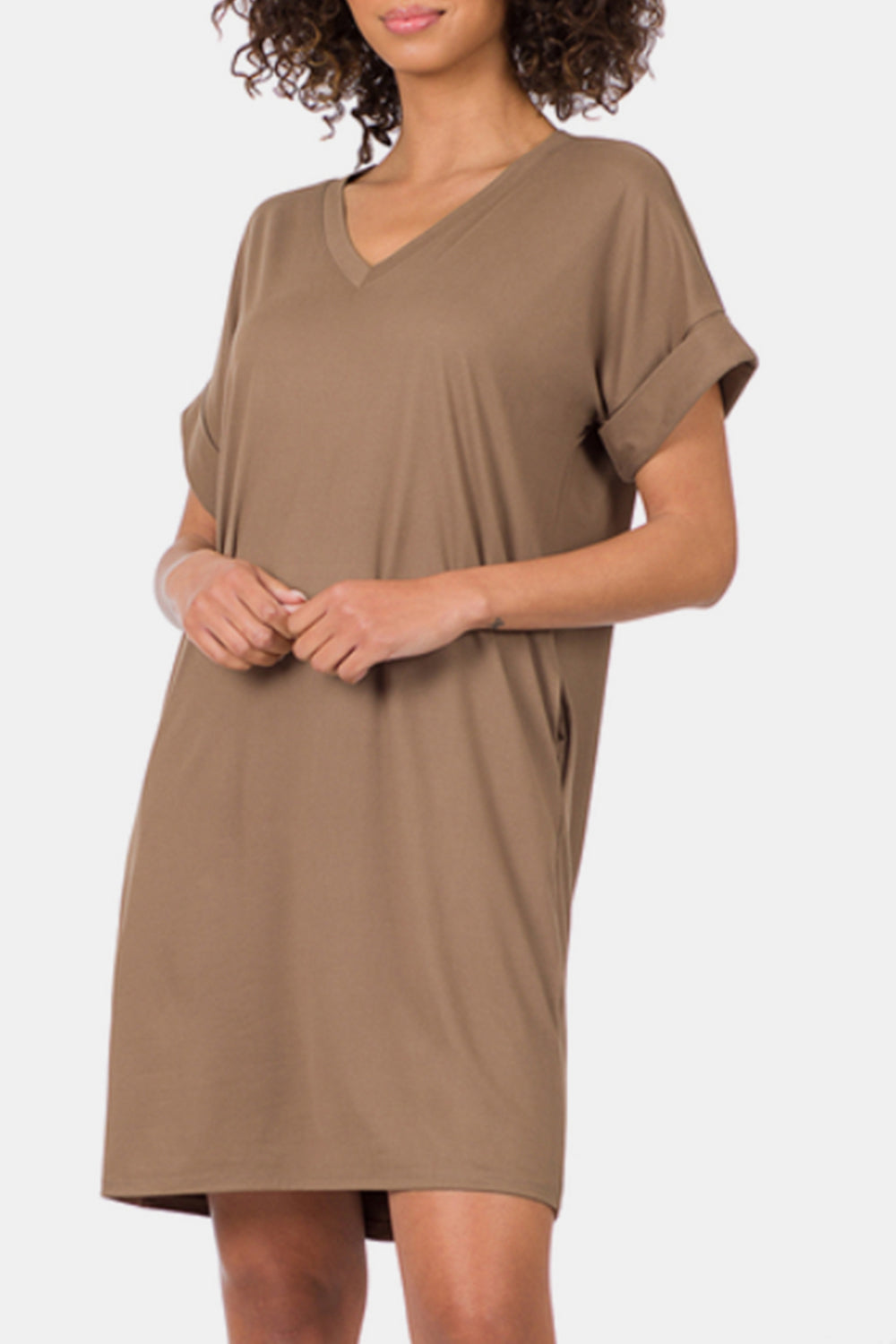 Zenana Rolled Short Sleeve V-Neck Dress  | KIKI COUTURE