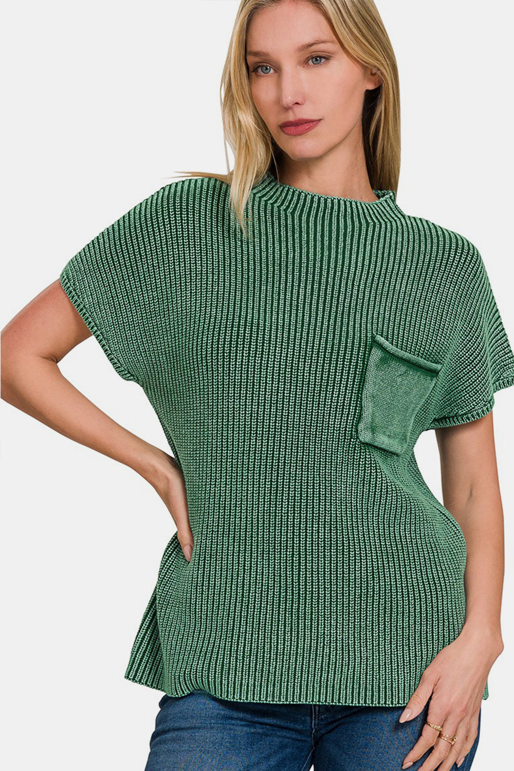 Zenana Washed Mock Neck Short Sleeve Sweater  | KIKI COUTURE