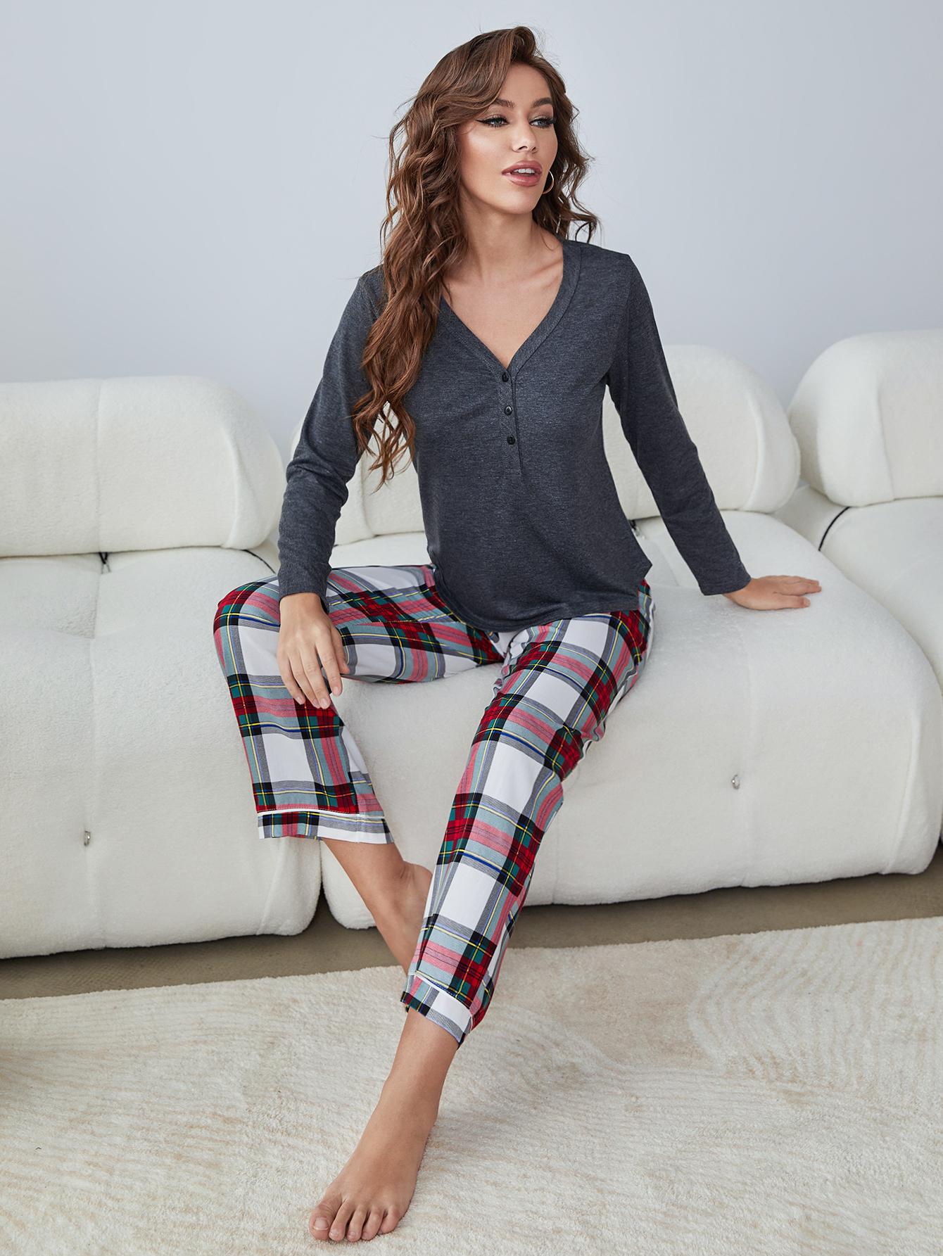 Buttoned Long Sleeve Top and Plaid Pants Lounge Set  | KIKI COUTURE-Women's Clothing, Designer Fashions, Shoes, Bags