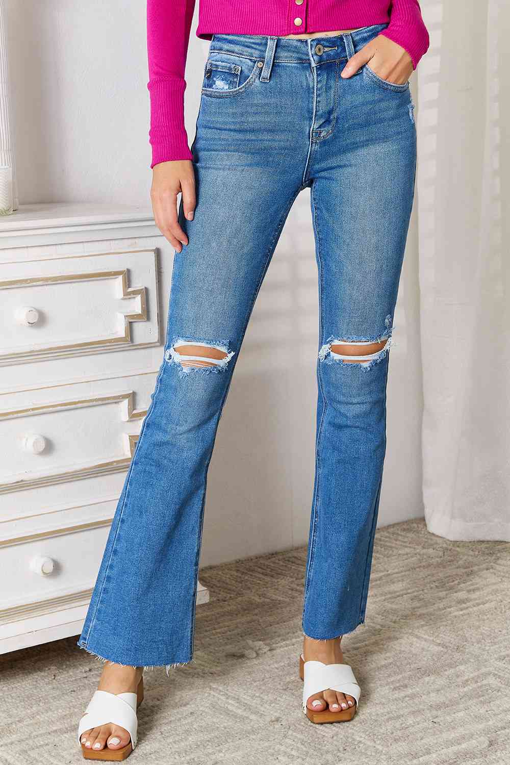 Kancan Full Size Distressed Raw Hem Bootcut Jeans  | KIKI COUTURE