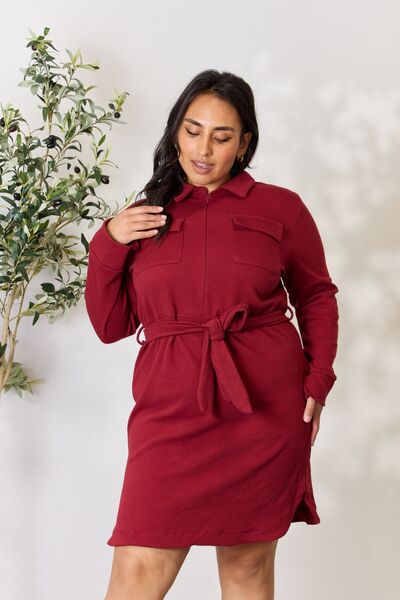 Culture Code Full Size Tie Front Half Zip Long Sleeve Shirt Dress  | KIKI COUTURE