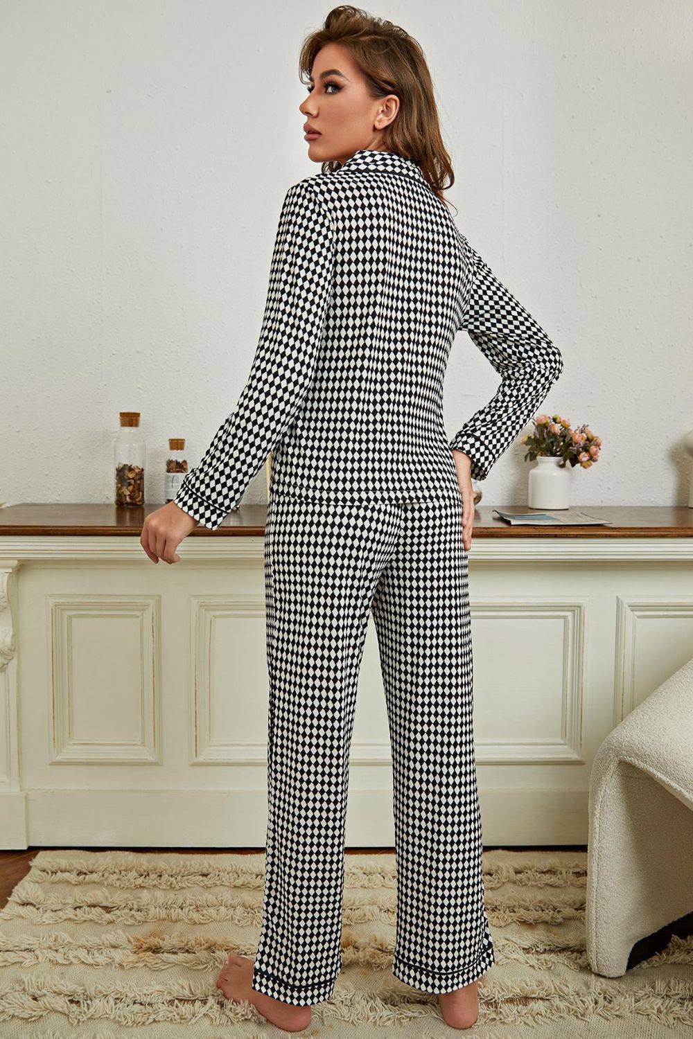 Checkered Button Front Top and Pants Loungewear Set  | KIKI COUTURE-Women's Clothing, Designer Fashions, Shoes, Bags