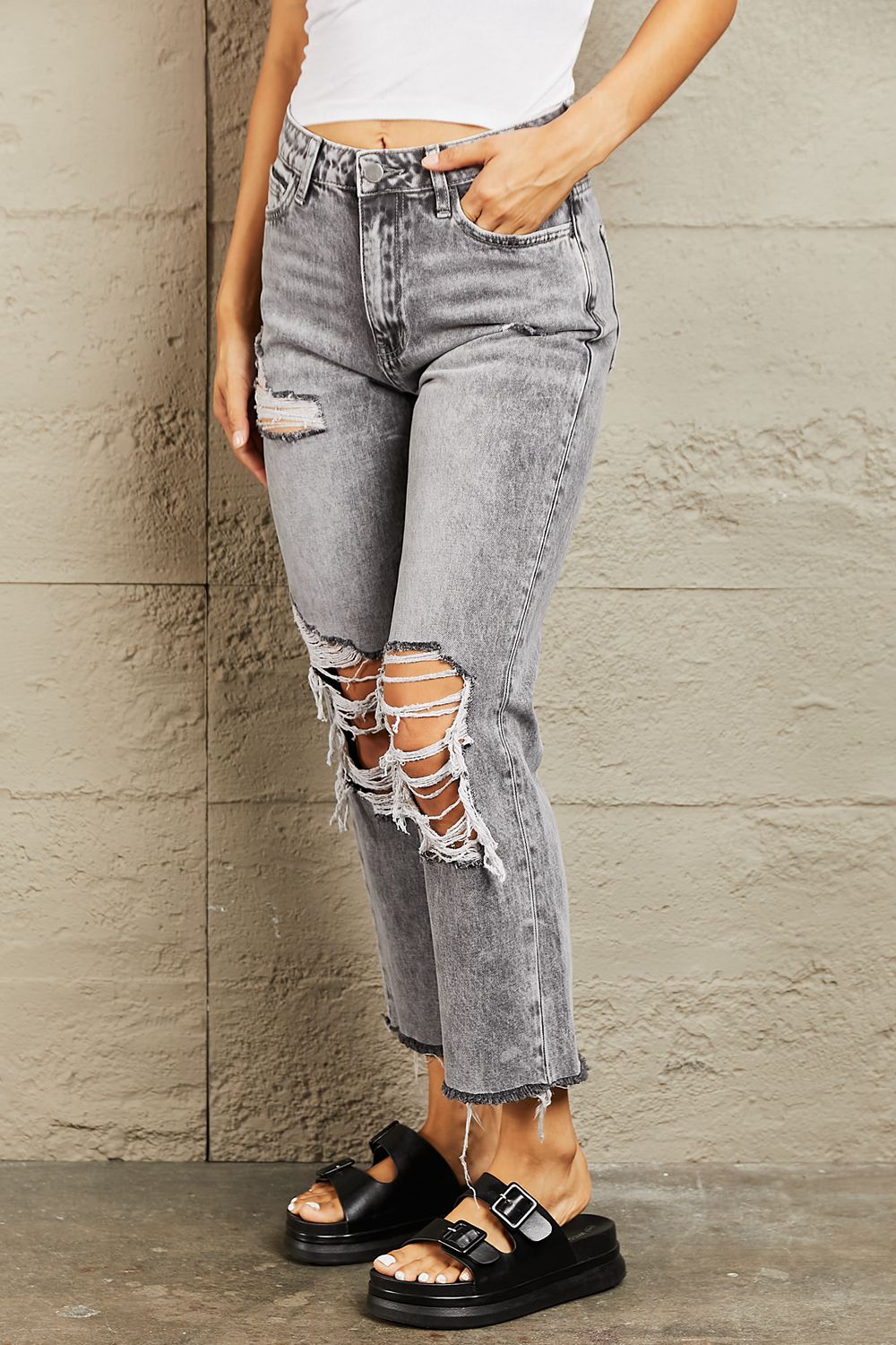 BAYEAS Acid Wash Distressed Cropped Straight Jeans  | KIKI COUTURE