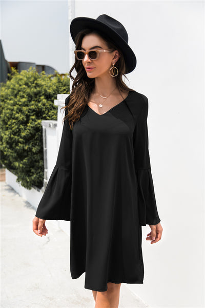 Trumpet Sleeve V Neck Dress  | KIKI COUTURE-Women's Clothing, Designer Fashions, Shoes, Bags