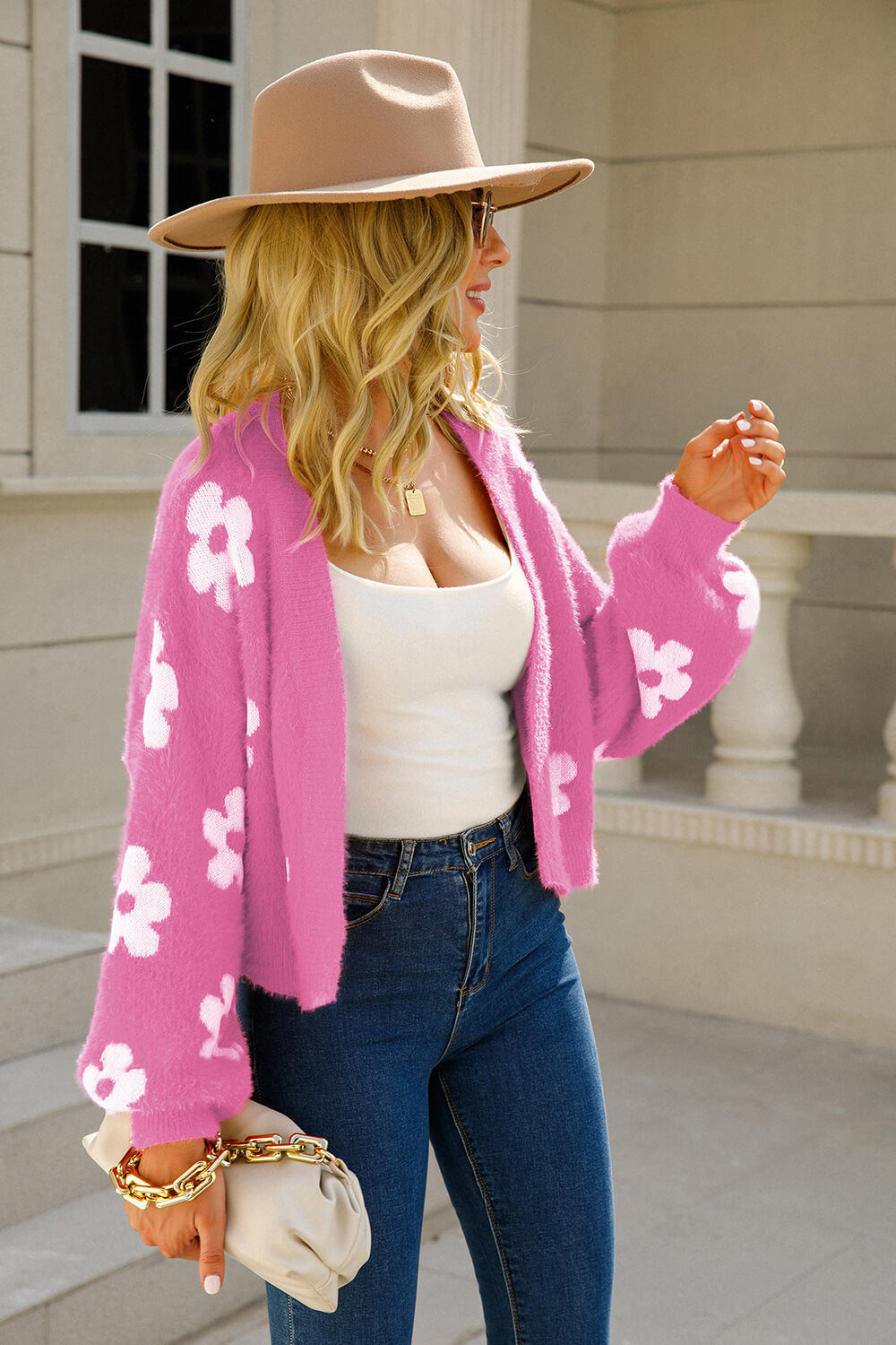 Floral Open Front Fuzzy Cardigan  | KIKI COUTURE-Women's Clothing, Designer Fashions, Shoes, Bags