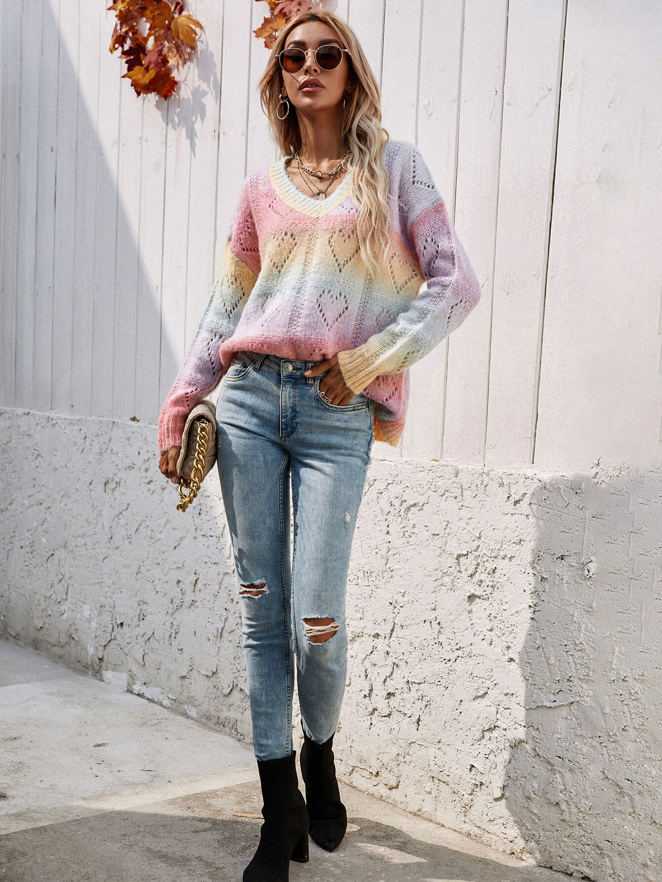 Tie-Dye V-Neck Drop Shoulder Pullover Sweater  | KIKI COUTURE-Women's Clothing, Designer Fashions, Shoes, Bags
