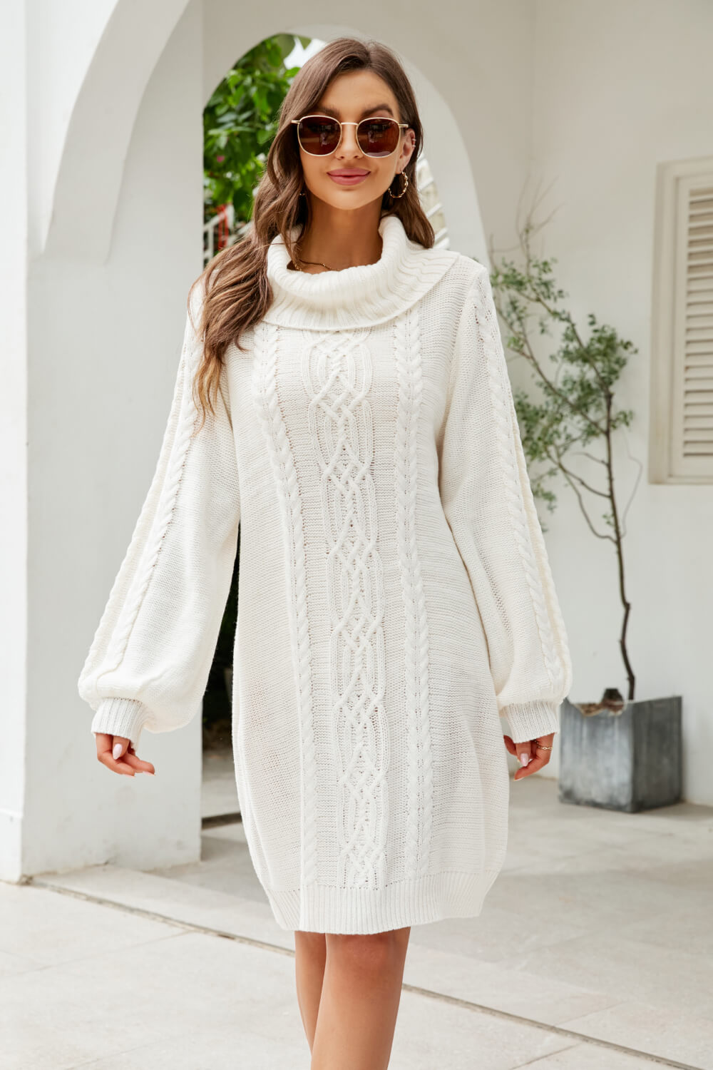 Mixed Knit Turtleneck Lantern Sleeve Sweater Dress  | KIKI COUTURE-Women's Clothing, Designer Fashions, Shoes, Bags