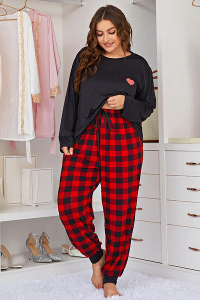 Plus Size Heart Graphic Top and Plaid Joggers Lounge Set  | KIKI COUTURE-Women's Clothing, Designer Fashions, Shoes, Bags