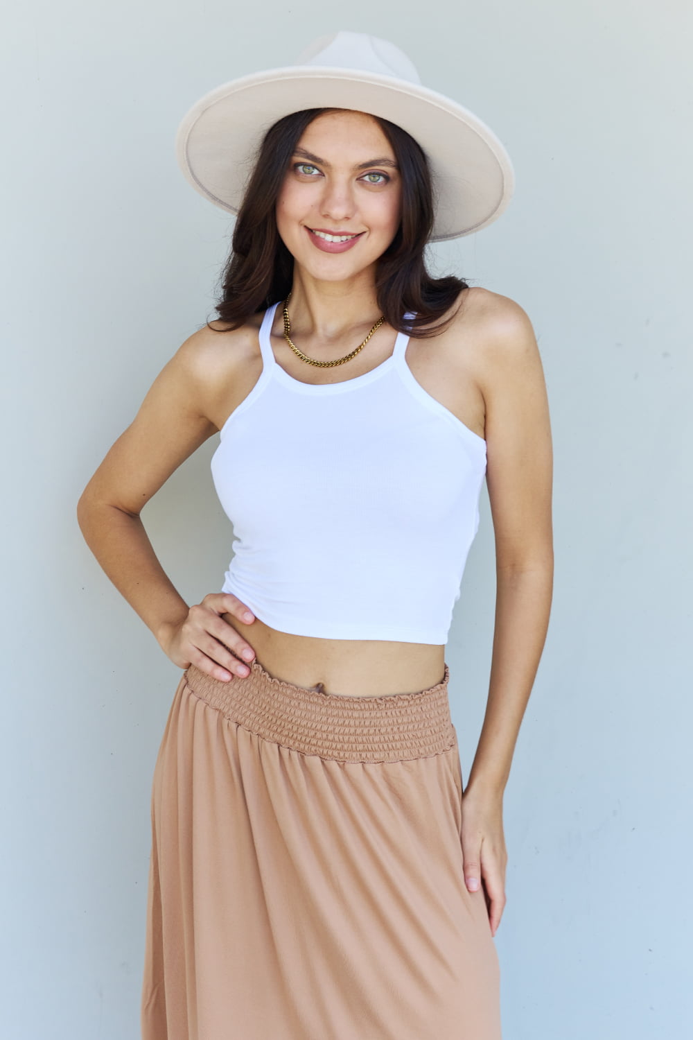Doublju Comfort Princess Full Size High Waist Scoop Hem Maxi Skirt in Tan  | KIKI COUTURE