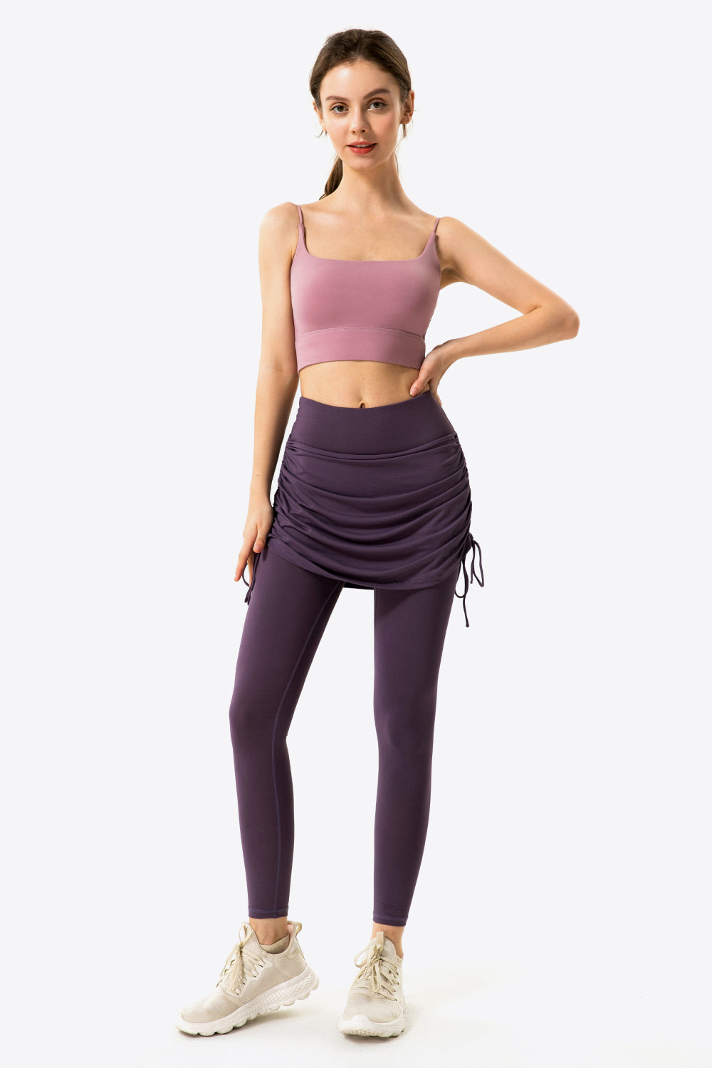 Drawstring Ruched Faux Layered Yoga Leggings  | KIKI COUTURE-Women's Clothing, Designer Fashions, Shoes, Bags