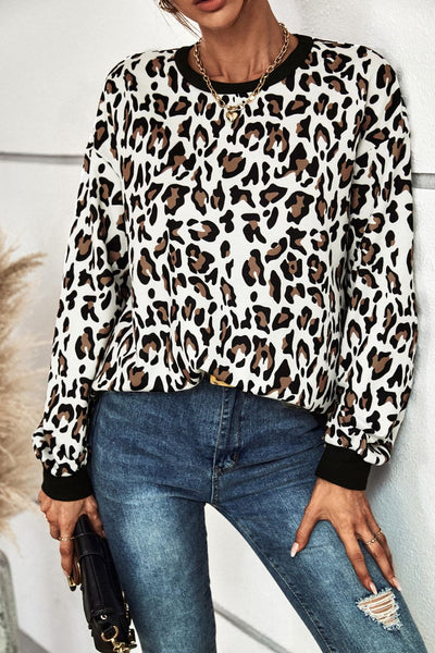 Leopard Round Neck Dropped Shoulder Sweatshirt  | KIKI COUTURE-Women's Clothing, Designer Fashions, Shoes, Bags