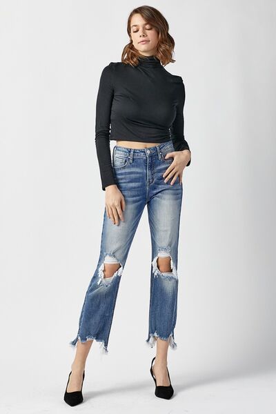 RISEN High Waist Distressed Frayed Hem Cropped Straight Jeans  | KIKI COUTURE