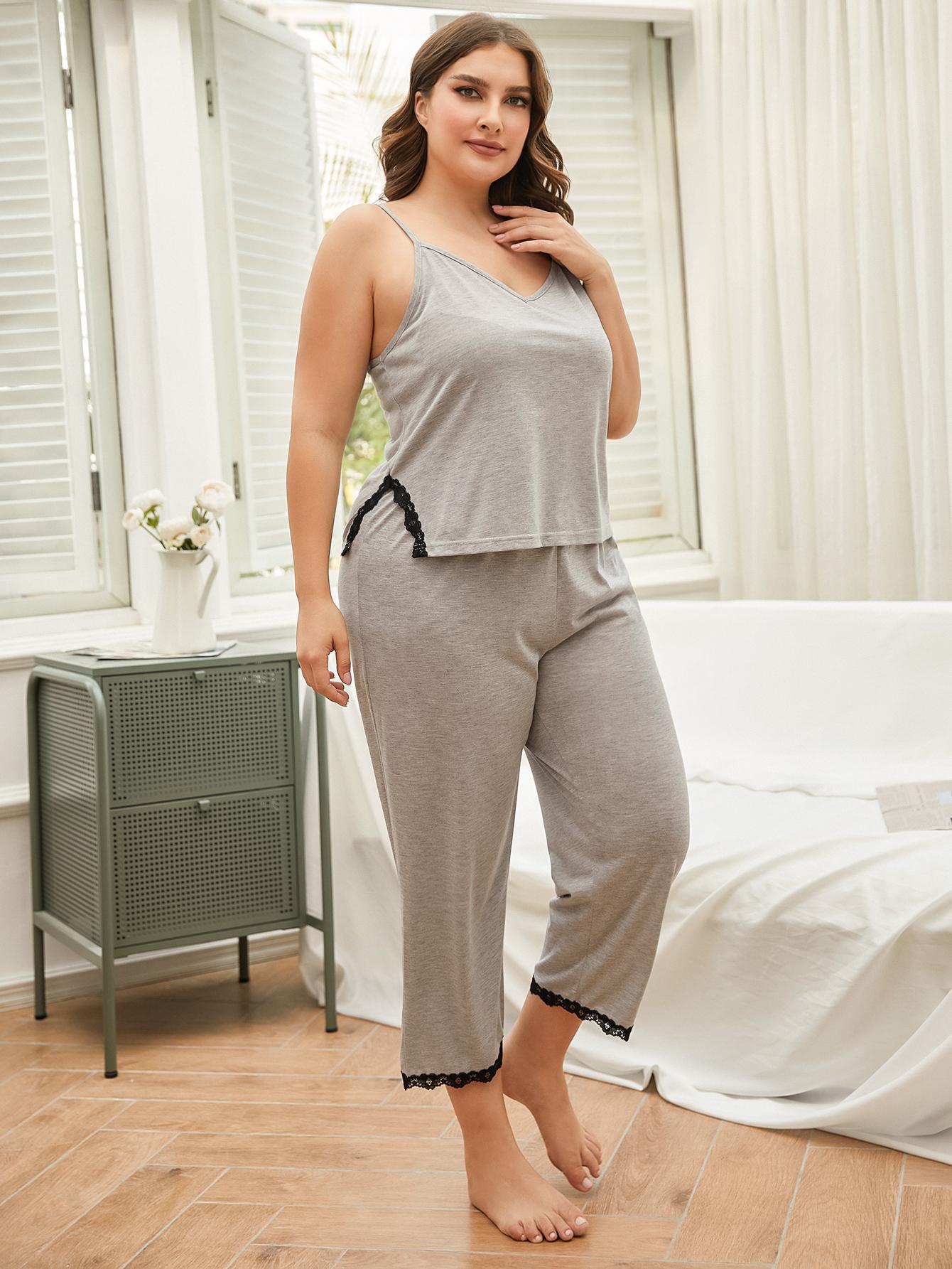 Plus Size Lace Trim Slit Cami and Pants Pajama Set  | KIKI COUTURE-Women's Clothing, Designer Fashions, Shoes, Bags