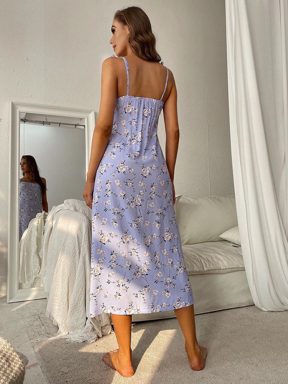 Printed Tie Shoulder Midi Night Dress  | KIKI COUTURE-Women's Clothing, Designer Fashions, Shoes, Bags