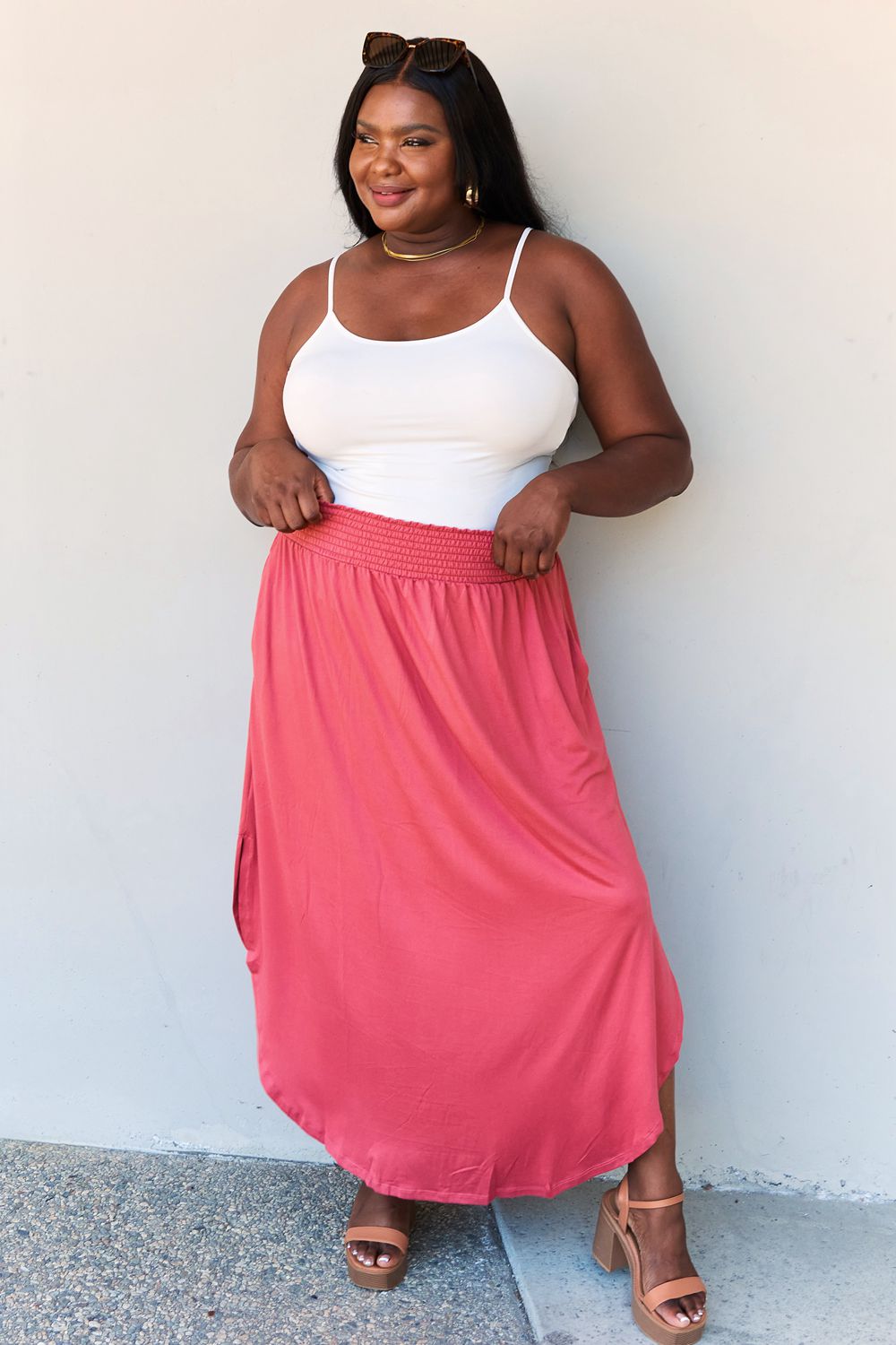 Doublju Comfort Princess Full Size High Waist Scoop Hem Maxi Skirt in Hot Pink  | KIKI COUTURE