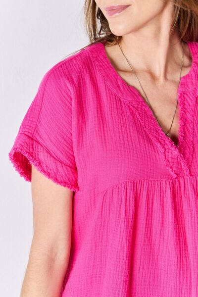 Zenana Full Size Raw Hem Short Sleeve Top  | KIKI COUTURE