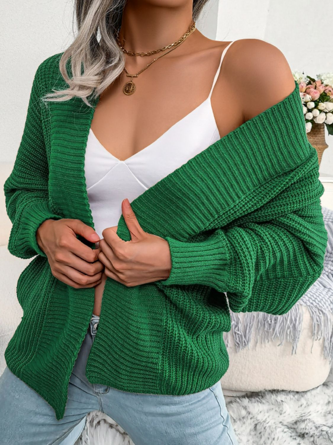 Rib-Knit Open Front Dolman Sleeve Cardigan  | KIKI COUTURE-Women's Clothing, Designer Fashions, Shoes, Bags