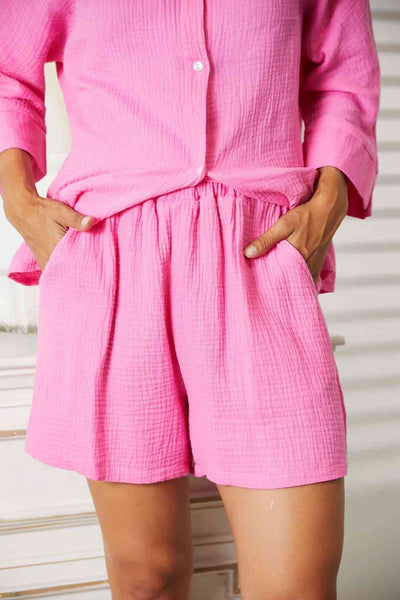 Double Take Textured Shirt and Elastic Waist Shorts with Pockets  | KIKI COUTURE