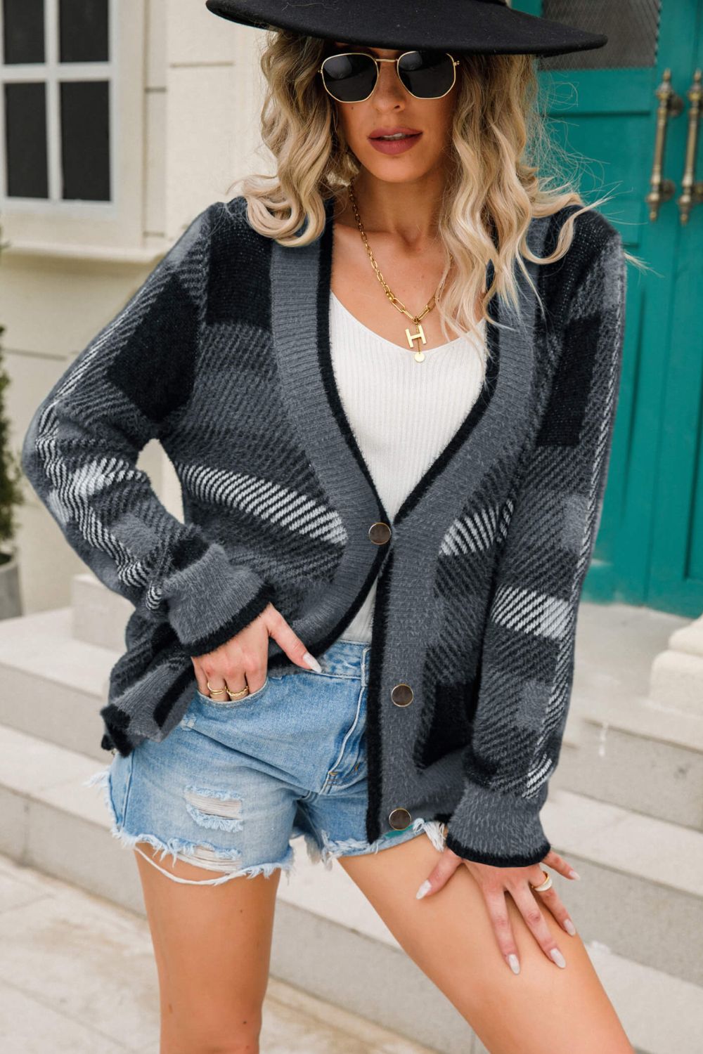 Striped Button-Front Fuzzy Cardigan  | KIKI COUTURE-Women's Clothing, Designer Fashions, Shoes, Bags