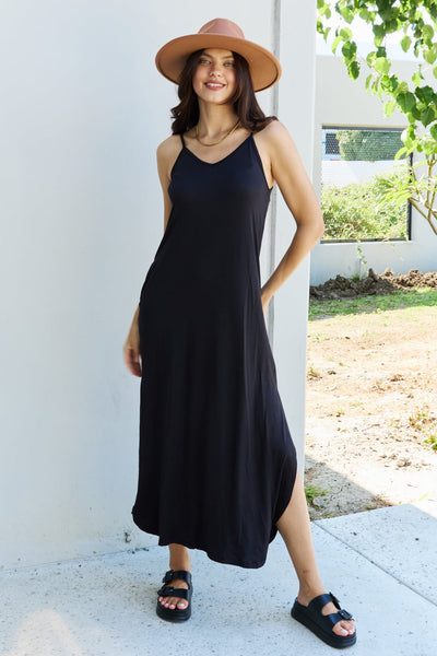 Ninexis Good Energy Full Size Cami Side Slit Maxi Dress in Black  | KIKI COUTURE
