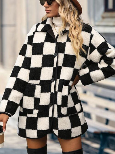 Double Take Full Size Checkered Button Front Coat with Pockets  | KIKI COUTURE