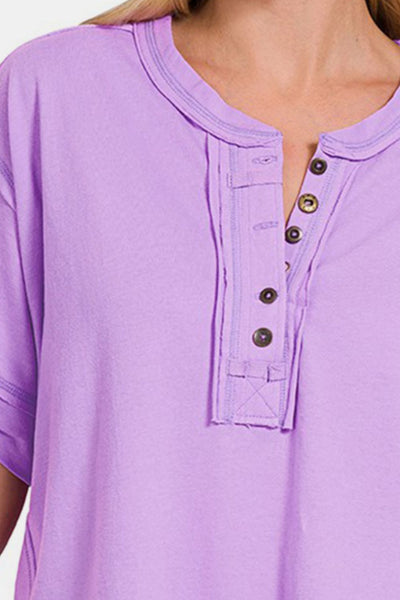 Zenana Exposed Seam Half Button Short Sleeve Top  | KIKI COUTURE