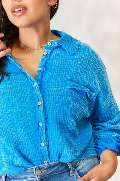 Zenana Full Size Washed Raw Trim Button Down Shirt  | KIKI COUTURE