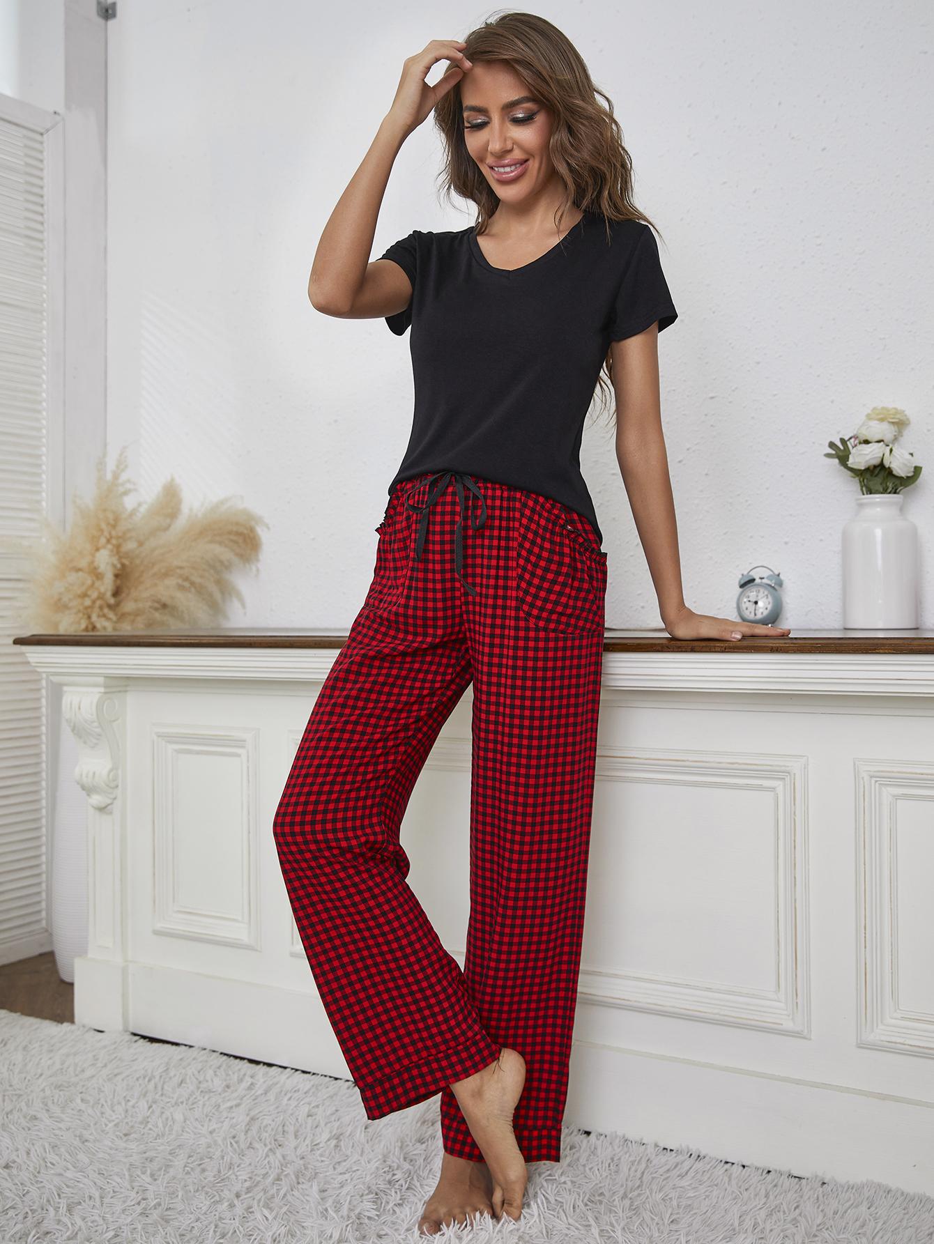 V-Neck Top and Gingham Pants Lounge Set  | KIKI COUTURE-Women's Clothing, Designer Fashions, Shoes, Bags