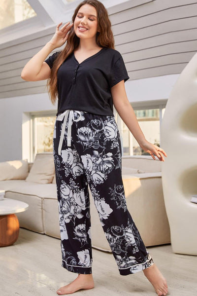Full Size V-Neck Top and Floral Pants Lounge Set  | KIKI COUTURE-Women's Clothing, Designer Fashions, Shoes, Bags