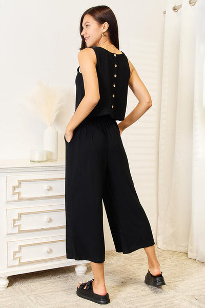 Double Take Buttoned Round Neck Tank and Wide Leg Pants Set  | KIKI COUTURE