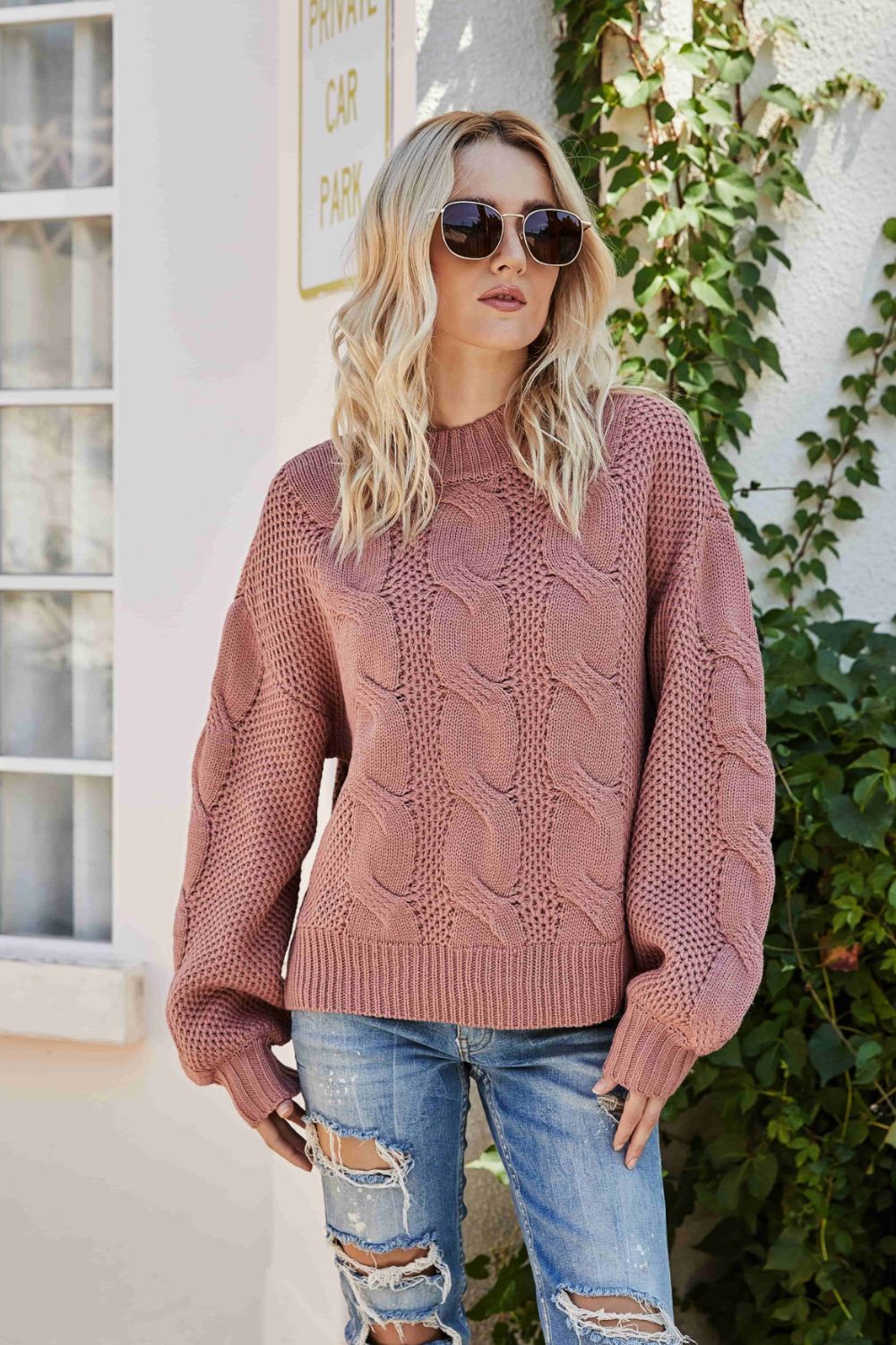 Mixed Knit Crewneck Drop Shoulder Sweater  | KIKI COUTURE-Women's Clothing, Designer Fashions, Shoes, Bags