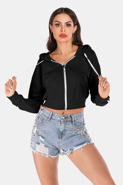 Side Stripe Drawstring Cropped Hooded Jacket  | KIKI COUTURE-Women's Clothing, Designer Fashions, Shoes, Bags