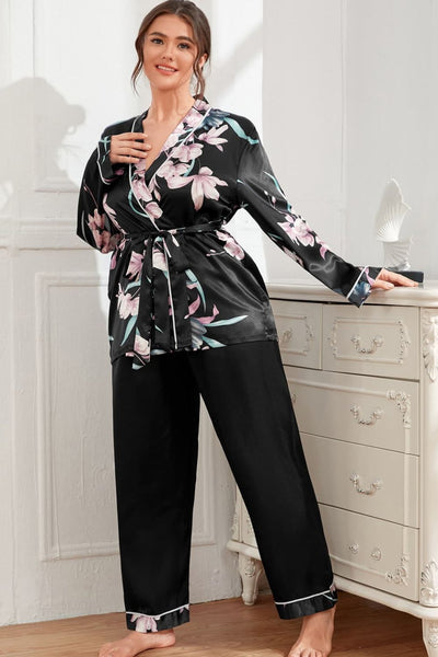 Plus Size Floral Belted Robe and Pants Pajama Set  | KIKI COUTURE-Women's Clothing, Designer Fashions, Shoes, Bags