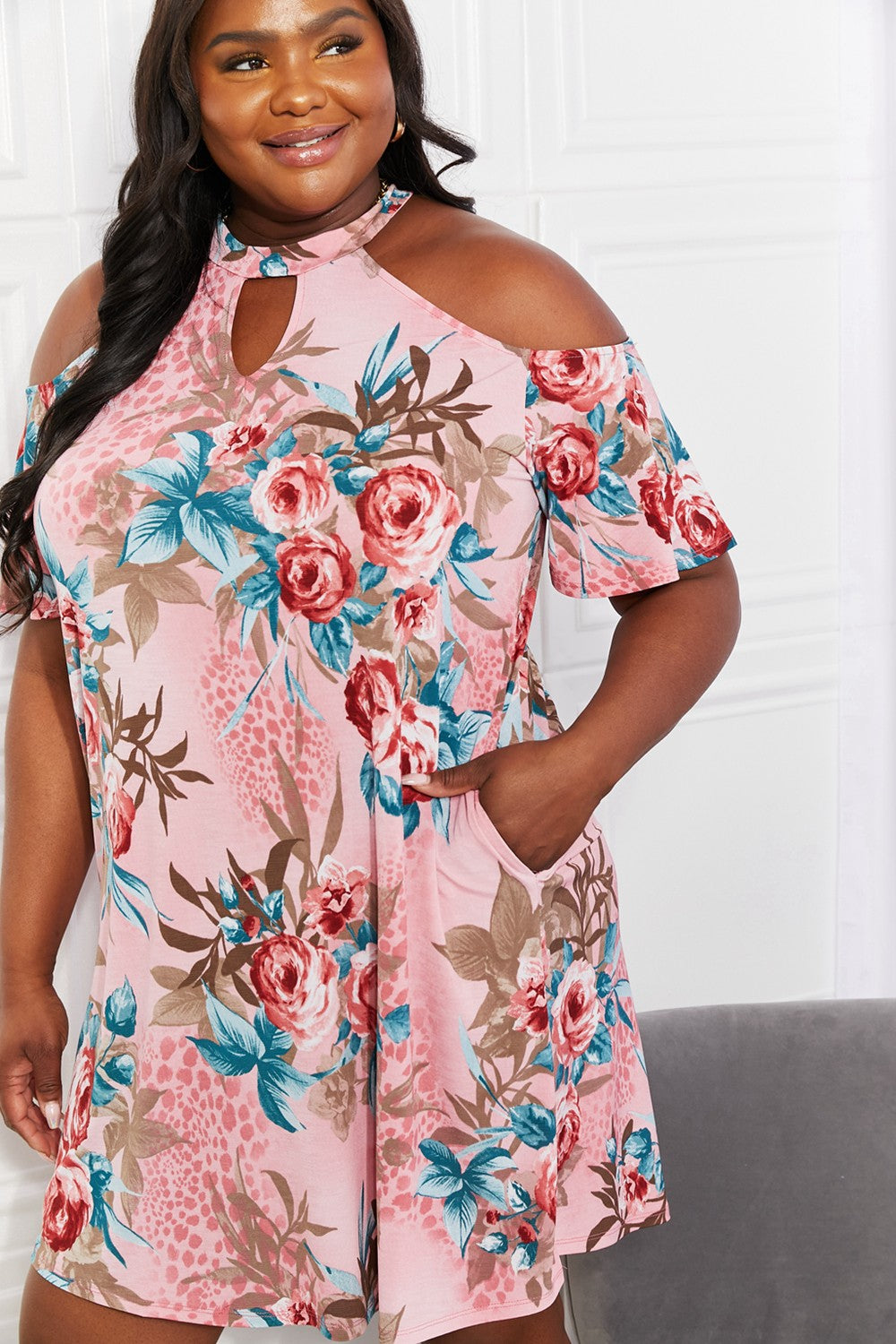 Sew In Love Full Size Fresh-Cut Flowers Cold-Shoulder Dress  | KIKI COUTURE